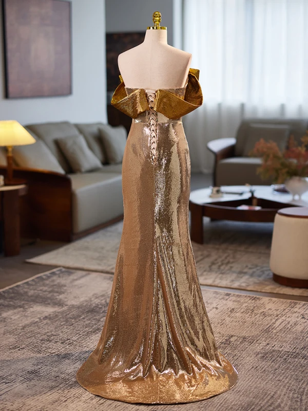 Sexy Doré Paillettes Fendue devant Robe De Soirée 2024 Trompette / Sirène De l'épaule Noeud Sans Manches Dos Nu Longue Soirée Robe De Ceremonie