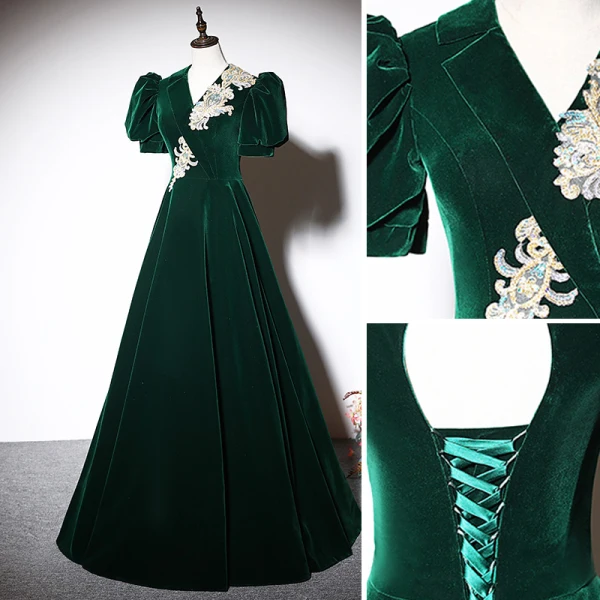 Elegant Dark Green Beading Sequins Suede Prom Dresses 2023 V-Neck A-Line / Princess Short Sleeve Backless Floor-Length / Long Prom Formal Dresses
