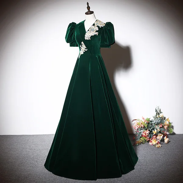 Elegant Dark Green Beading Sequins Suede Prom Dresses 2023 V-Neck A-Line / Princess Short Sleeve Backless Floor-Length / Long Prom Formal Dresses