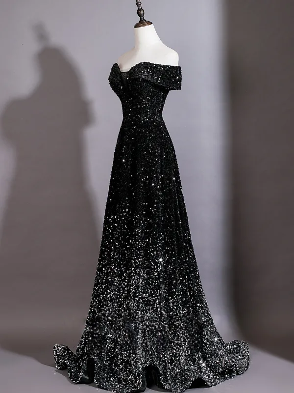 Dazzling Black Sequins Evening Dresses 2026 A-Line / Princess Off-The-Shoulder Short Sleeve Backless Sweep Train
