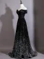 Dazzling Black Sequins Evening Dresses 2026 A-Line / Princess Off-The-Shoulder Short Sleeve Backless Sweep Train