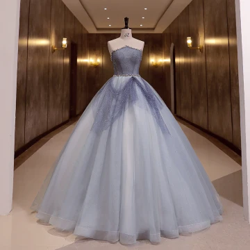 Charmant Bleu Ciel Perlage Perle Paillettes Robe De Bal 2022 Robe Boule Sans Manches Dos Nu Longue Bustier Robe De Ceremonie