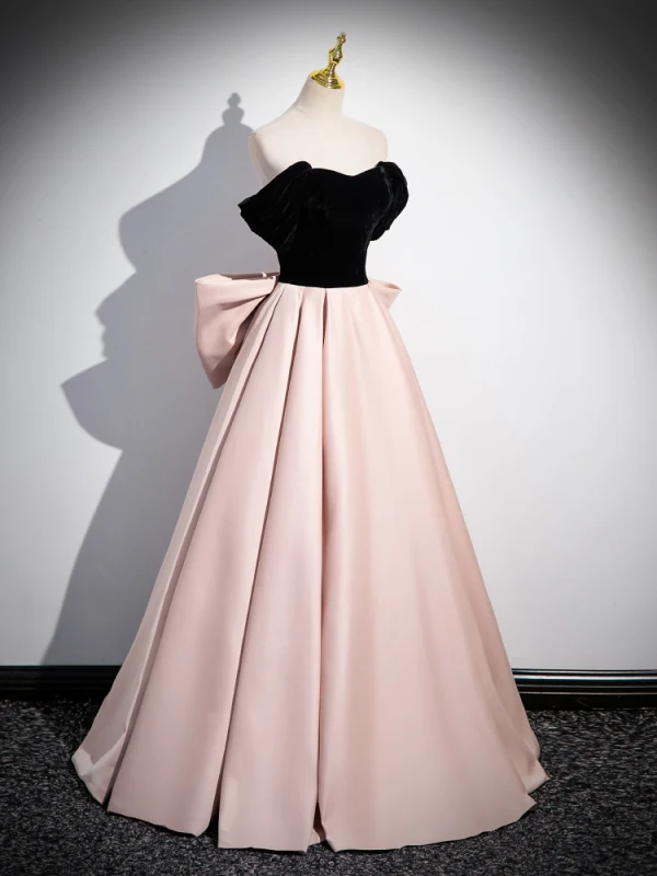 Chic / Beautiful Blushing Pink Satin Prom Dresses 2024 Ball Gown Off-The-Shoulder Short Sleeve Backless Bow Floor-Length / Long Prom Formal Dresses