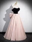 Chic / Beautiful Blushing Pink Satin Prom Dresses 2024 Ball Gown Off-The-Shoulder Short Sleeve Backless Bow Floor-Length / Long Prom Formal Dresses