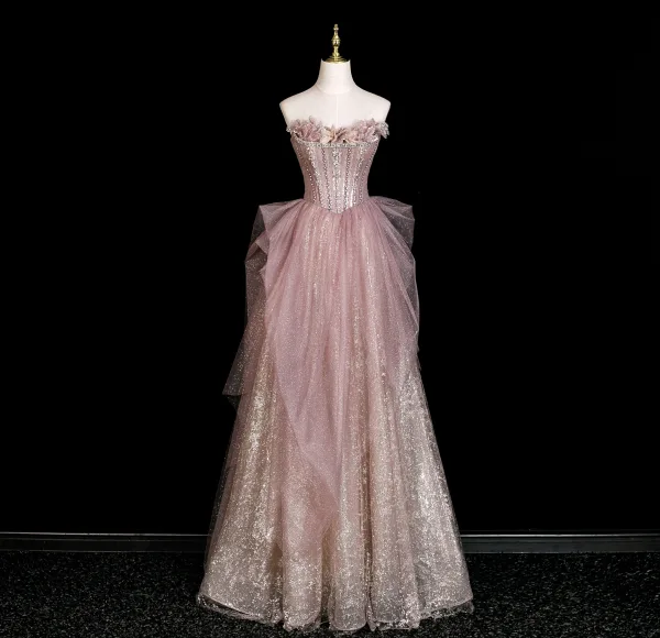 Scintillantes Haut de Gamme Rougissant Rose Faux Diamant Paillettes Robe De Soirée 2025 Princesse Bustier Sans Manches Dos Nu Longue Soirée Robe De Ceremonie