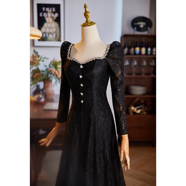 Elegant Black Winter Lace Prom Dresses 2024 A-Line / Princess Square Neckline Rhinestone Long Sleeve Backless Floor-Length / Long Prom Formal Dresses