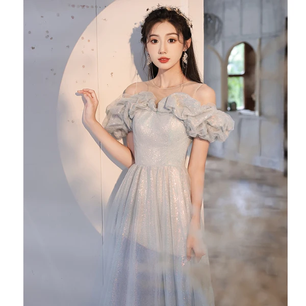 Sparkly Grey Glitter Sequins Prom Dresses 2023 A-Line / Princess Scoop Neck Ruffle Short Sleeve Backless Floor-Length / Long Prom Formal Dresses