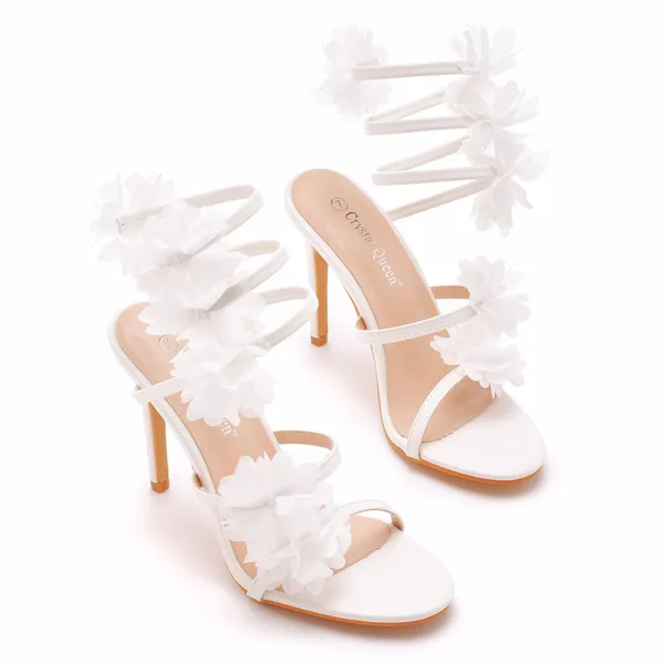 Sexy Charmant Weiß Applikationen Knöchelriemen Brautschuhe 2023 10 cm Stilettos Peeptoes Hochzeit Sandaletten Hochhackige