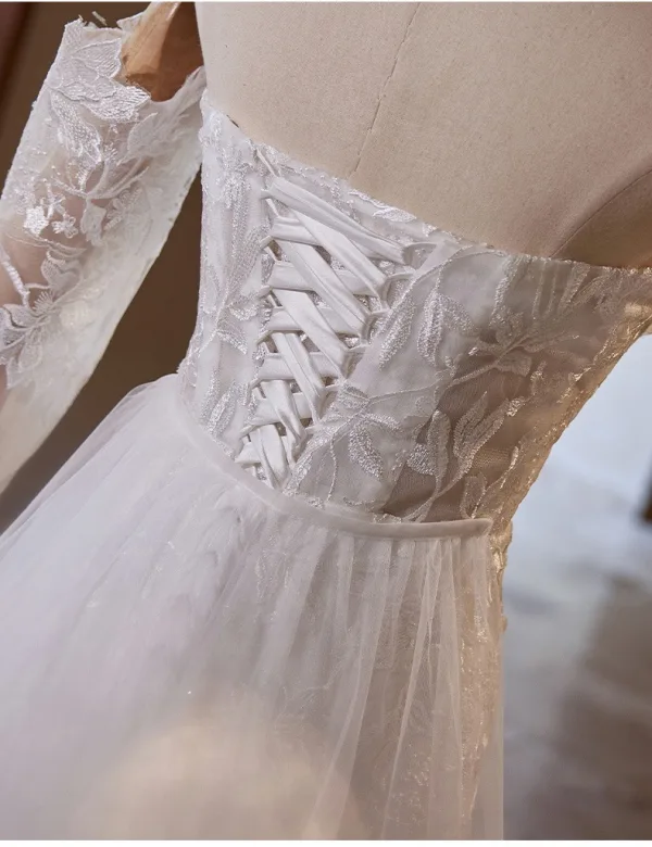 Légère Blanche En Dentelle Fleur Robe De Mariée 2024 Trompette / Sirène De l'épaule Manches Longues Dos Nu Train De Balayage Mariage
