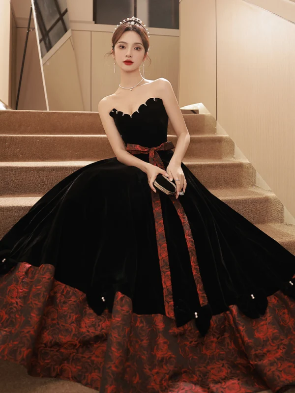 Charming Black Suede Evening Dresses 2023 A-Line / Princess Strapless Sleeveless Bow Sash Backless Floor-Length / Long Evening Party Formal Dresses