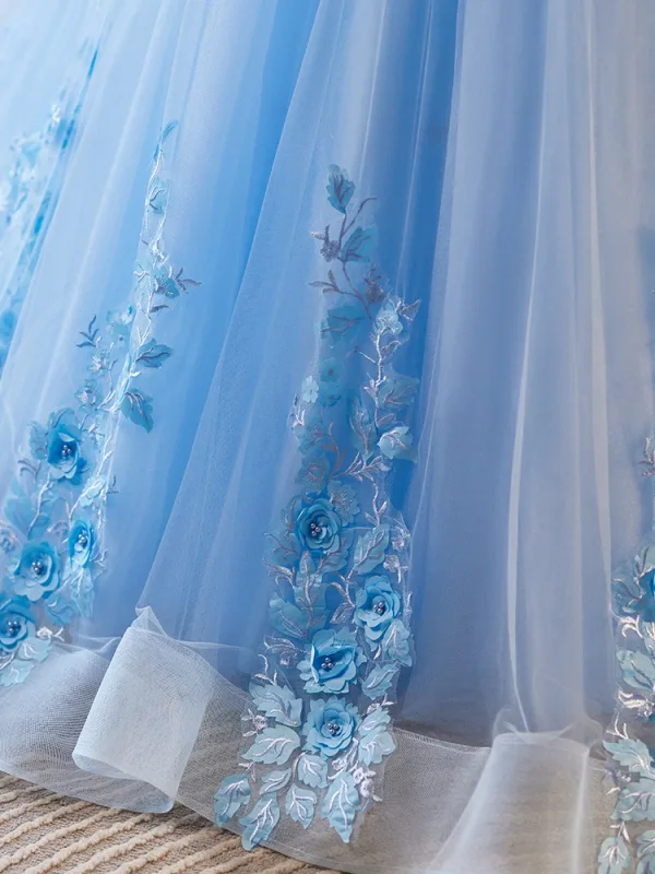 Chic / Beautiful Sky Blue Appliques Lace Flower Prom Dresses 2024 Ball Gown V-Neck Short Sleeve Backless Floor-Length / Long Prom Formal Dresses