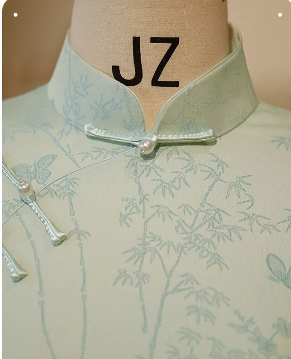 Chinese style Sage Green Printing Tea-length Cheongsam 2026 Trumpet / Mermaid High Neck Cap Sleeves