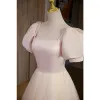 Modest / Simple Blushing Pink Prom Dresses 2022 A-Line / Princess Square Neckline Puffy Short Sleeve Floor-Length / Long Formal Dresses