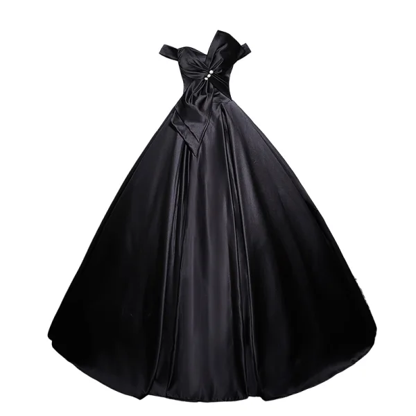 Elegant Black Satin Prom Dresses 2023 Ball Gown Off-The-Shoulder Bow Sleeveless Backless Floor-Length / Long Prom Formal Dresses
