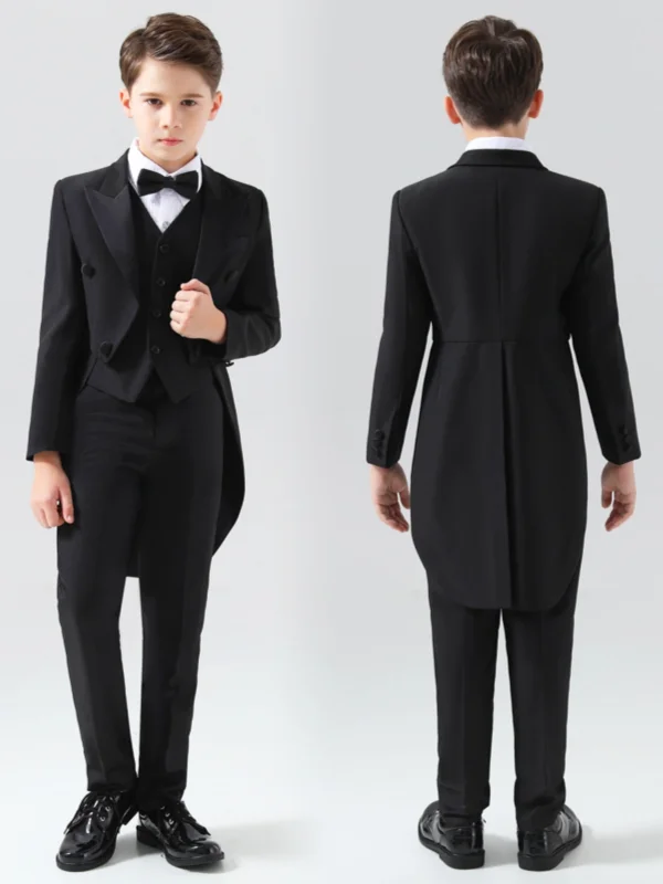 Black 5-piece Long Sleeve Boys Wedding Suits 2024 Coat Pants Shirt Tie Vest