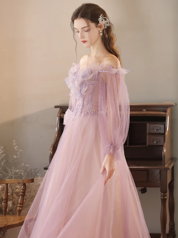 Schöne Lavendel Pailletten Ballkleider 2024 A Linie Off Shoulder Lange Ärmel Rückenfreies Lange Ball Festliche Kleider