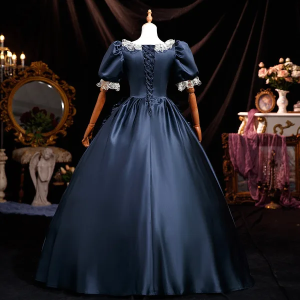 Vintage / Retro Medieval Navy Blue Lace Flower Rhinestone Sequins Prom Dresses 2026 Ball Gown Square Neckline Short Sleeve Floor-Length / Long Prom Formal Dresses