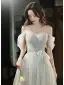 Charming Sky Blue Beading Evening Dresses 2022 A-Line / Princess Off-The-Shoulder Sleeveless Backless Floor-Length / Long Evening Party Formal Dresses