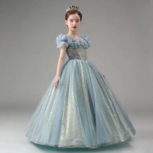 Sparkly Sky Blue Pearl Sequins Birthday Flower Girl Dresses 2023 A-Line / Princess Scoop Neck Short Sleeve Floor-Length / Long Flower Girl Dresses