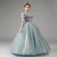 Sparkly Sky Blue Pearl Sequins Birthday Flower Girl Dresses 2023 A-Line / Princess Scoop Neck Short Sleeve Floor-Length / Long Flower Girl Dresses