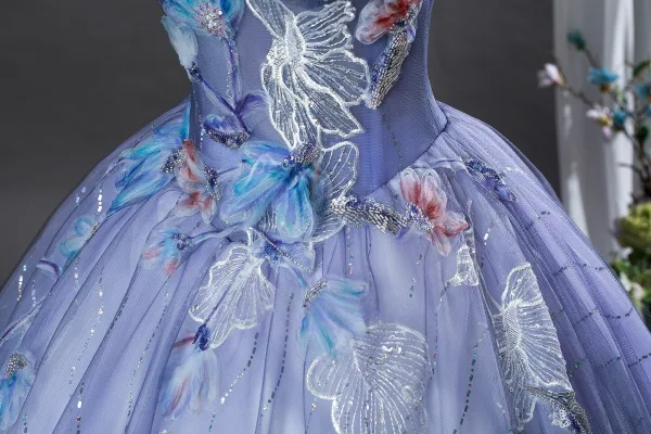 Vintage Lavendel Applikationen Spitze Blumen Ballkleider 2026 Ballkleid Rundhalsausschnitt Ärmellos Rückenfreies Lange Festliche Kleider