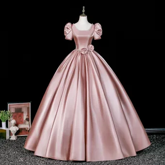 Elegante Rosa Schleife Satin Ballkleider 2026 Ballkleid Eckiger Ausschnitt Geschwollenes Kurze Ärmel Rückenfreies Lange Festliche Kleider