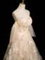 Chic / Beautiful Champagne Lace Flower Prom Dresses 2024 A-Line / Princess Strapless Sleeveless Backless Floor-Length / Long Prom Formal Dresses
