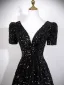 Dazzling Black Gold Sequins Evening Dresses 2026 A-Line / Princess V-Neck Short Sleeve Backless