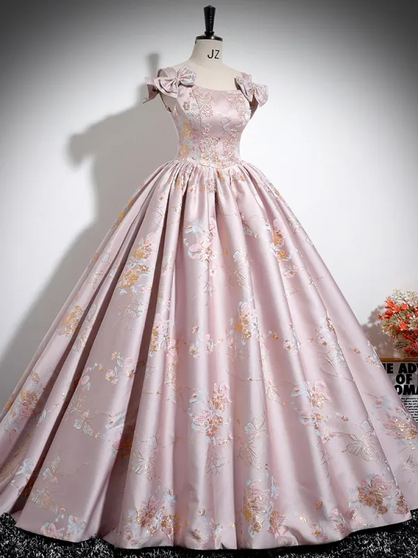 Elegant Beige Lace Flower Bow Satin Prom Dresses 2024 Ball Gown Square Neckline Sleeveless Backless Floor-Length / Long Prom Formal Dresses