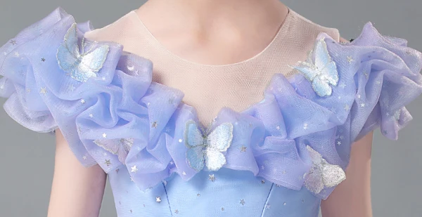 Cinderella Sky Blue Lace Butterfly Star Sequins Flower Girl Dresses 2024 Ball Gown Birthday Scoop Neck Short Sleeve Floor-Length / Long