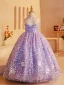 Sparkly Lavender Beading Sequins Rhinestone Birthday Flower Girl Dresses 2024 Ball Gown High Neck Sleeveless Backless Floor-Length / Long