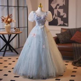 Chic Beautiful Sky Blue Beading Appliques Prom Dresses 2025 Ball Gown Square Neckline Short Sleeve Backless Floor Length Long Prom Formal Dresses