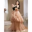 Fashion Champagne Cascading Ruffles Prom Dresses 2023 Ball Gown Strapless Short Sleeve Backless Sweep Train Prom Formal Dresses