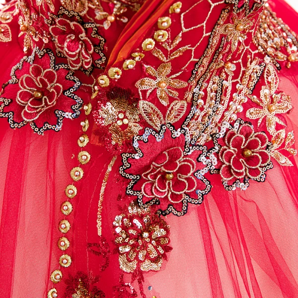 Élégant Rouge Perle Paillettes En Dentelle Fleur Robe De Bal 2022 Robe Boule Col Haut Manches Longues Dos Nu Longue Promo Robe De Ceremonie