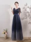 Vintage / Retro Navy Blue Beading Star Sequins Prom Dresses 2024 A-Line / Princess V-Neck Short Sleeve Backless Floor-Length / Long Prom Formal Dresses