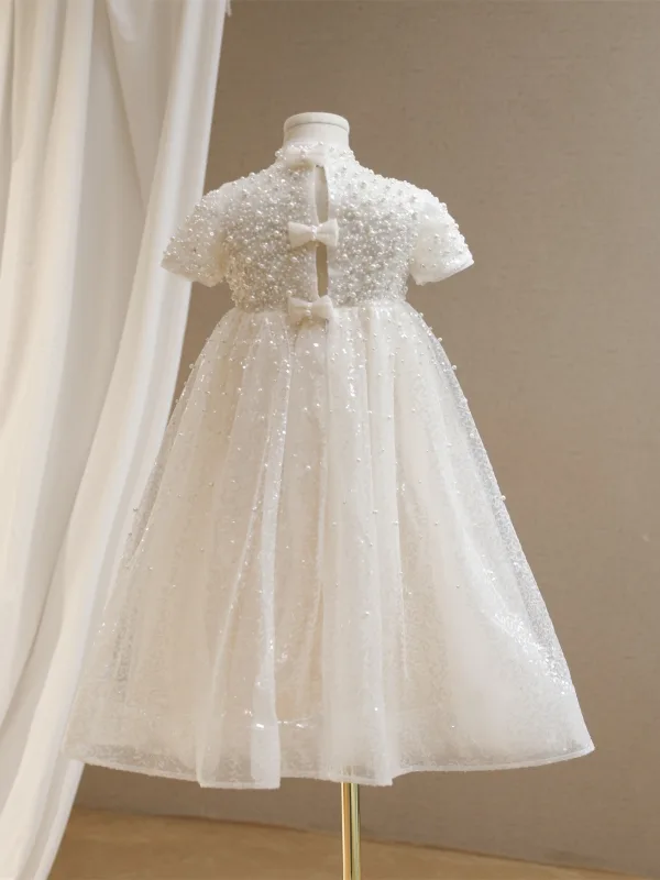 Elegant White Beading Pearl Sequins Wedding Flower Girl Dresses 2024 Ball Gown High Neck Short Sleeve Flower Girl Dresses Floor-Length / Long Tulle