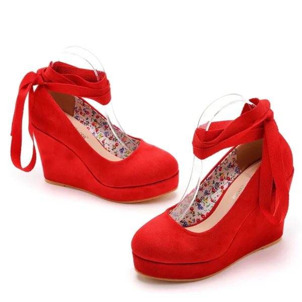 Romain Rouge Daim Soirée Chaussures Femmes 2023 Bride Cheville 11 cm Compensées À Bout Rond Chaussures Femmes