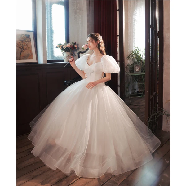 Illusion White Prom Dresses 2022 A-Line / Princess Square Neckline Bow Puffy Short Sleeve Backless Floor-Length / Long Prom Formal Dresses