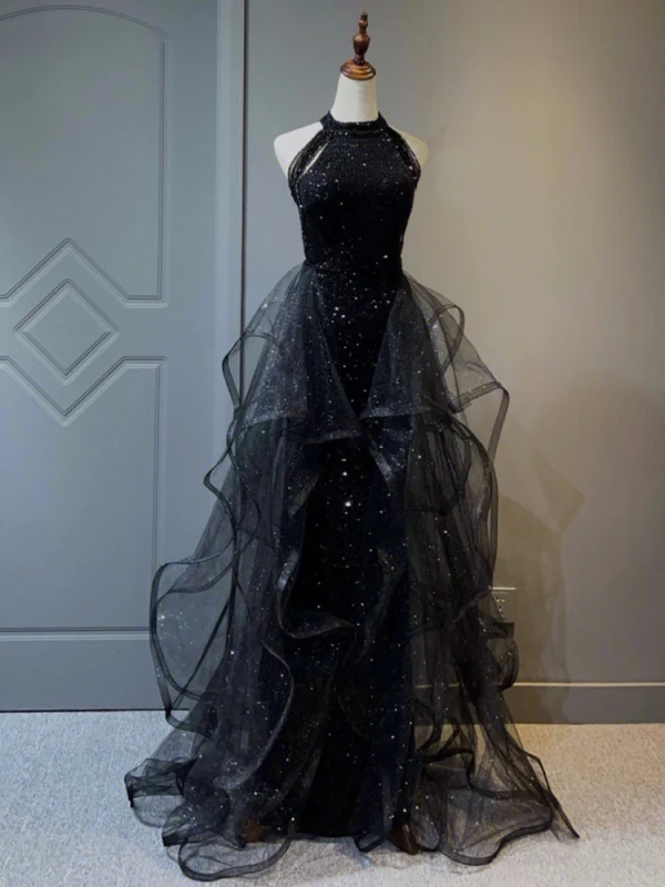 Charming Black Beading Tassel Sequins Cascading Ruffles Evening Dresses 2023 Trumpet / Mermaid Scoop Neck Sleeveless Evening Party Floor-Length / Long Formal Dresses