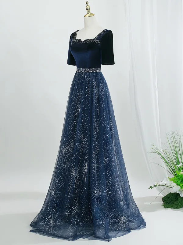 Vintage / Retro Navy Blue Sequins Prom Dresses 2026 A-Line / Princess Square Neckline Short Sleeve Backless Floor-Length / Long