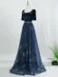 Vintage / Retro Navy Blue Sequins Prom Dresses 2026 A-Line / Princess Square Neckline Short Sleeve Backless Floor-Length / Long
