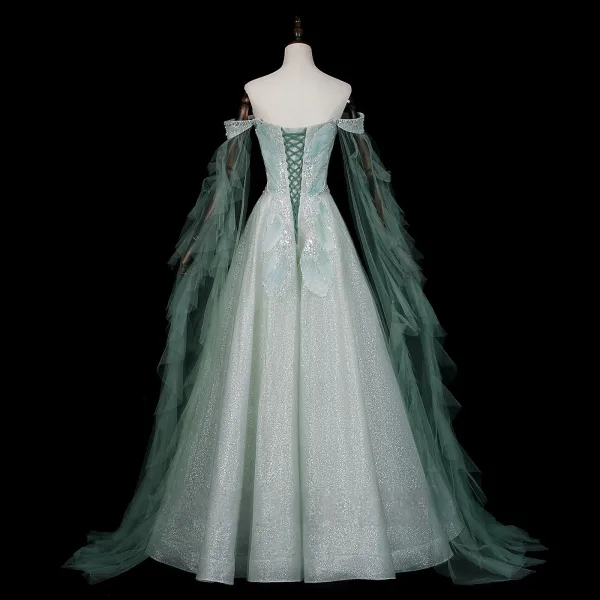 Fashion Mint Green Beading Rhinestone Sequins Prom Dresses 2026 A-Line / Princess Off-The-Shoulder Sleeveless Backless Floor-Length / Long Formal Dresses