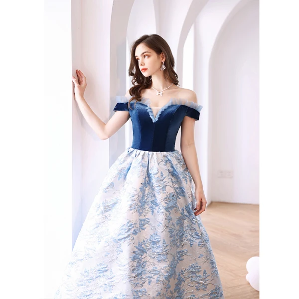 Elegant Ocean Blue Glitter Suede Prom Dresses 2022 Satin Ball Gown Off-The-Shoulder Short Sleeve Backless Floor-Length / Long Formal Dresses