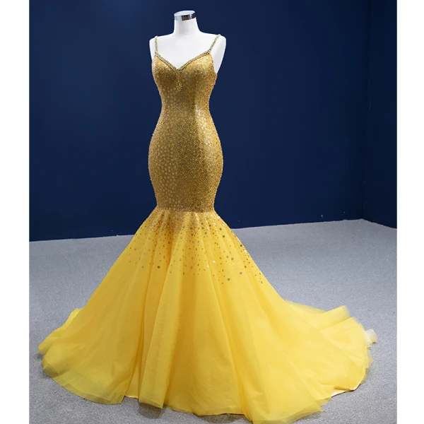 High-end Sparkly Yellow Beading Rhinestone Sequins Prom Dresses 2022 Trumpet / Mermaid With Cloak Spaghetti Straps Sleeveless Backless Court Train Formal Dresses