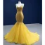 High-end Sparkly Yellow Beading Rhinestone Sequins Prom Dresses 2022 Trumpet / Mermaid With Cloak Spaghetti Straps Sleeveless Backless Court Train Formal Dresses