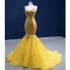 High-end Sparkly Yellow Beading Rhinestone Sequins Prom Dresses 2022 Trumpet / Mermaid With Cloak Spaghetti Straps Sleeveless Backless Court Train Formal Dresses
