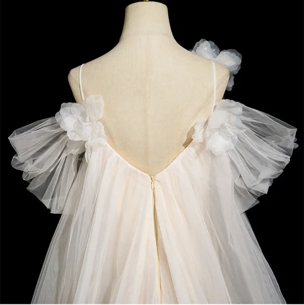 Charmant Blanche Appliques Robe De Bal 2025 Princesse Bretelles Spaghetti Manches Courtes Dos Nu Longue Robe De Ceremonie