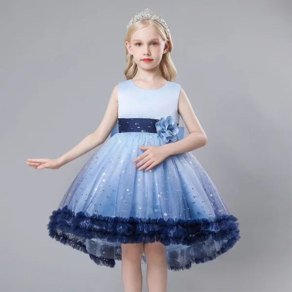 Chic / Beautiful Champagne Appliques Sequins Birthday Flower Girl Dresses 2023 A-Line / Princess Scoop Neck Sleeveless Bow Short Flower Girl Dresses