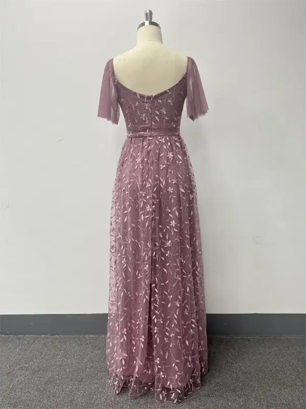 Elegant Blushing Pink Lace Flower Prom Dresses 2024 A-Line / Princess Square Neckline Short Sleeve Backless Floor-Length / Long Prom Formal Dresses
