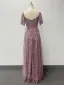 Elegant Blushing Pink Lace Flower Prom Dresses 2024 A-Line / Princess Square Neckline Short Sleeve Backless Floor-Length / Long Prom Formal Dresses